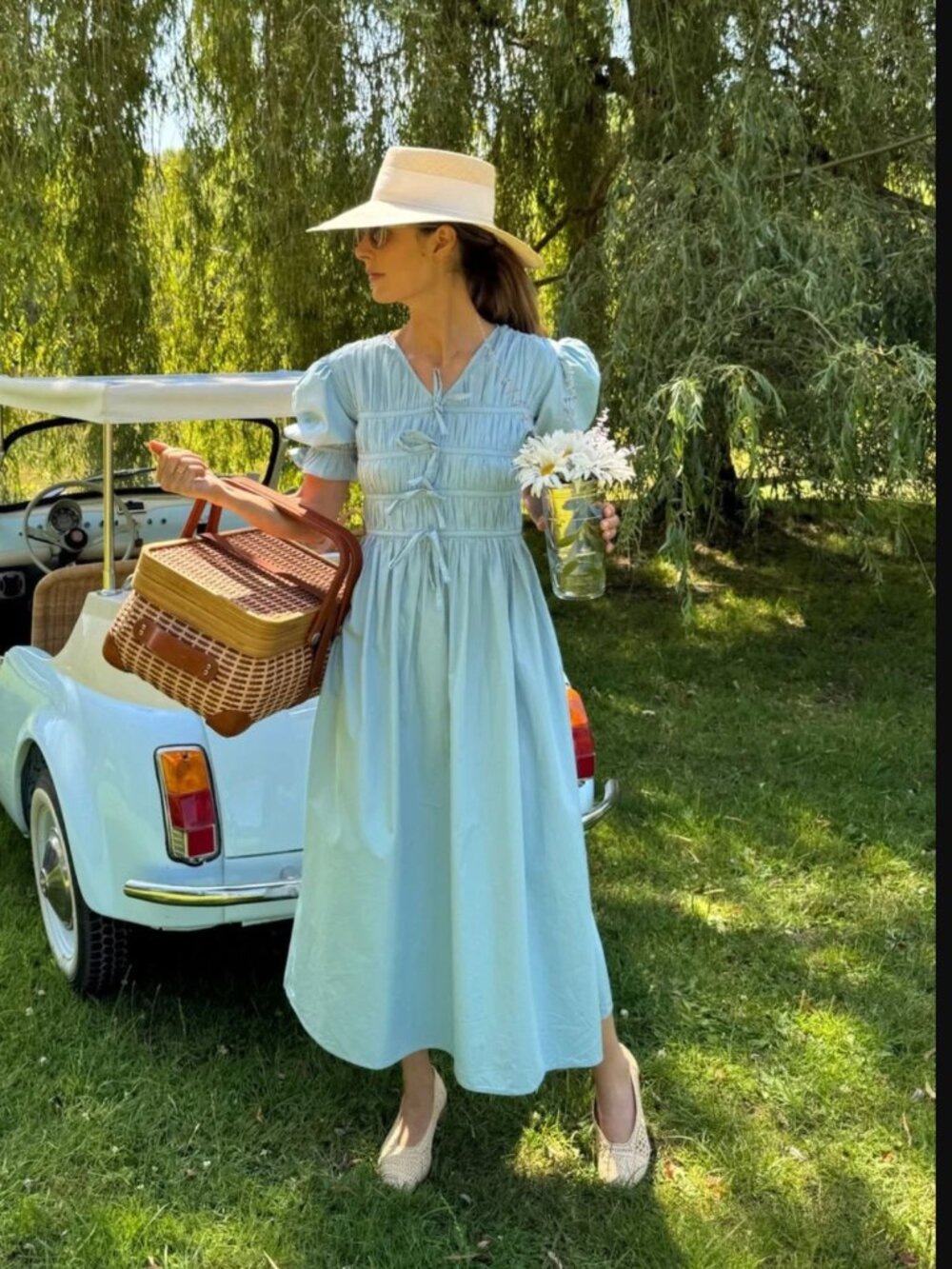 Maria De La Orden Smocked Puff-Sleeve Rosie Midi Dress in Pale Blue